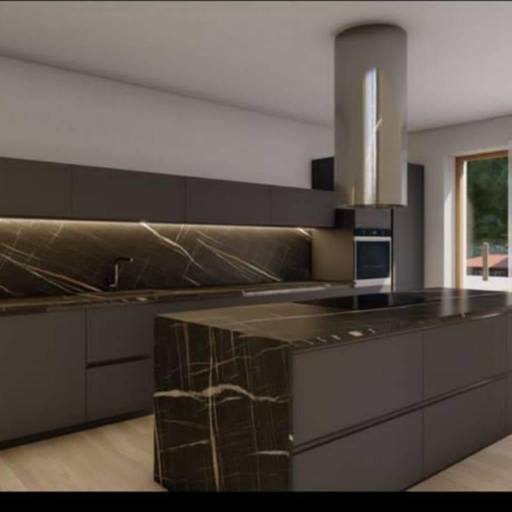 Cucina grafite con isola in marmo nero Sahara